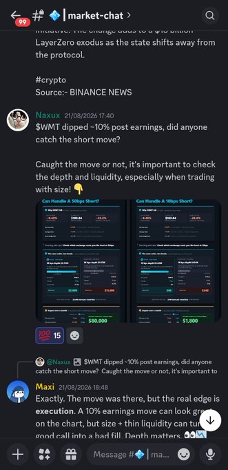 The image shows a Discord chat in the #market-chat channel where user @Naxus shares a screenshot of $WMT dipping 10% post-earnings, displaying 50bps depth order book data from Binance to emphasize the importance of checking depth and liquidity before trading size. The accompanying post highlights the Bitget Trading Floor Discord community for breaking down real trade execution and $WMT earnings analysis, aligning with the image's focus on practical depth analysis rather than just the price move itself.