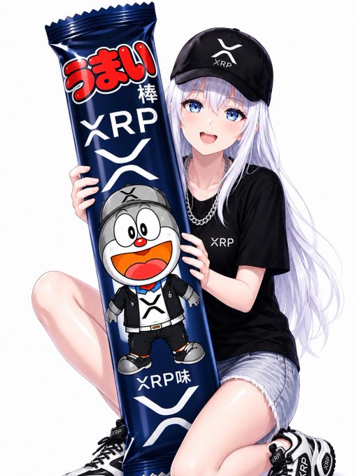 An anime-style girl wearing an "XRP" cap and shirt poses with an oversized, jumbo-sized "うまい棒" (Umaibo) stick labeled "XRP" with a friendly mascot character on the packaging, humorously personifying the "Jumbo Umaibo" as a fun, on-brand XRP promotion.