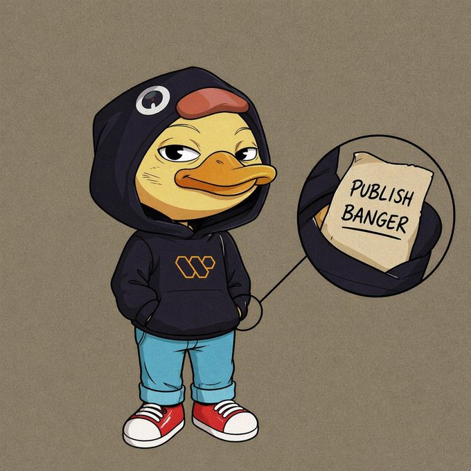 The image features a cartoon duck wearing a hoodie and jeans standing against a gray background with a white circle containing black text that reads "Publicize banger" above the duck's head. The duck appears to be looking down at the text, possibly contemplating its next move or action.
