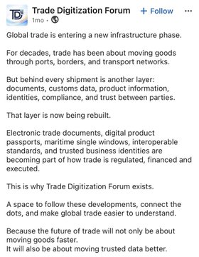 The focus of this image is a screenshot that shows a text block on social media, displaying information about the Trade Digitization Forum and a list of terms of use for participating. The caption reads: "Global trade in goods & services will now enter an entirely new infrastructure phase." This message provides context to the topic of discussion within the post - the introduction of the Trade Digitization Forum as it relates to global commerce and the transition from traditional trade methods.
