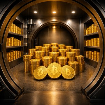 A glowing vault overflows with gold coins and Bitcoin tokens marked with the "₿" symbol, symbolizing the massive $340 billion market cap of crypto treasury companies. The image of abundant digital and physical wealth stored securely reflects the 10% market growth since mid-August reported by The Block.