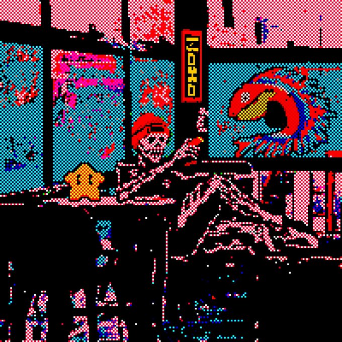 Pixel art video game scene showing a skeletal figure with a red headband sitting at what appears to be a bar or counter, with a colorful parrot to the right and a small yellow creature (resembling a star or jelly) on the left, rendered in a dithered retro style with pink and teal tones.