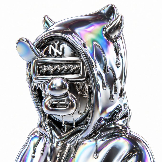 A stylized 3D rendered illustration of a chrome/metallic figure wearing a virtual reality (VR) headset with a glitchy 'NY' logo, featuring an iridescent rainbow holographic effect.