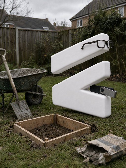 A white 3D character with glasses and a tool belt stands in a garden next to a wheelbarrow, shovel, and a wooden sandbox frame, with houses visible behind a fence.