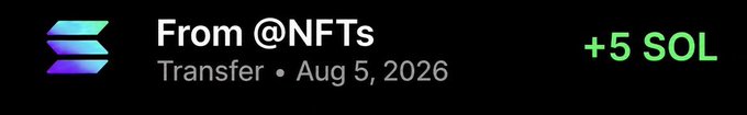 A Solana transaction notification showing a "+5 SOL" transfer from @NFTs dated Aug 5, 2026, likely used as proof of payment in an X giveaway post promising 5 SOL to 5 winners who like, repost, and share their SOL wallet.