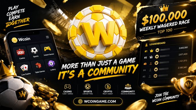 A promotional banner for Wcoin (wcoingame.com) advertising a $100,000 weekly wagered race, featuring casino, sports, and crypto gaming categories with gold coin imagery.