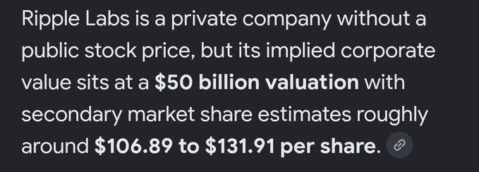 The image highlights Ripple Labs' estimated $50B private valuation with secondary market share prices ranging from $106.89 to $131.91, contrasting with the post's emphasis on XRP's modest $33M mainnet TVL and $25K EVM sidechain TVL to suggest the underlying blockchain fundamentals don't match the hype.