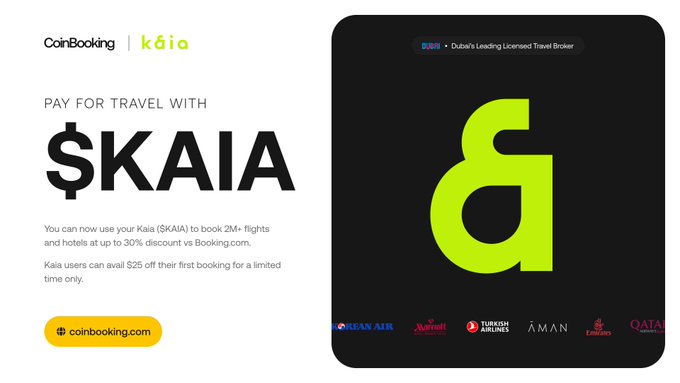 An advertisement for CoinBooking and Kaia partnership showing 'PAY FOR TRAVEL WITH $KAIA' with a 30% discount offer and logos of airlines including Korean Air, Turkish Airlines, and Emirates.