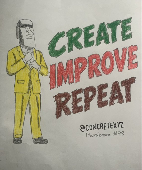 A hand-drawn illustration of a man in a yellow suit with text reading 'CREATE IMPROVE REPEAT', '@concretexyz', and 'Harsbanna #98'.