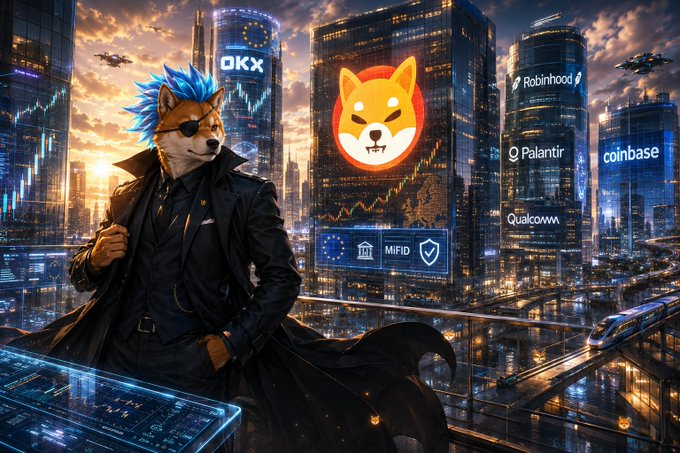 An illustrated scene featuring an anthropomorphic blue-haired wolf in a black coat against a futuristic cityscape, with a Shiba Inu dog logo displayed prominently alongside ticker labels for OKX, Robinhood, Palantir, Qualcomm, and Coinbase.
