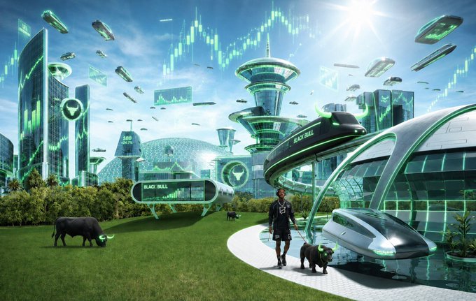 A futuristic, dystopian cityscape with green-glowing technology, high-tech vehicles, and a figure walking with robotic bull-like creatures in a sci-fi setting.