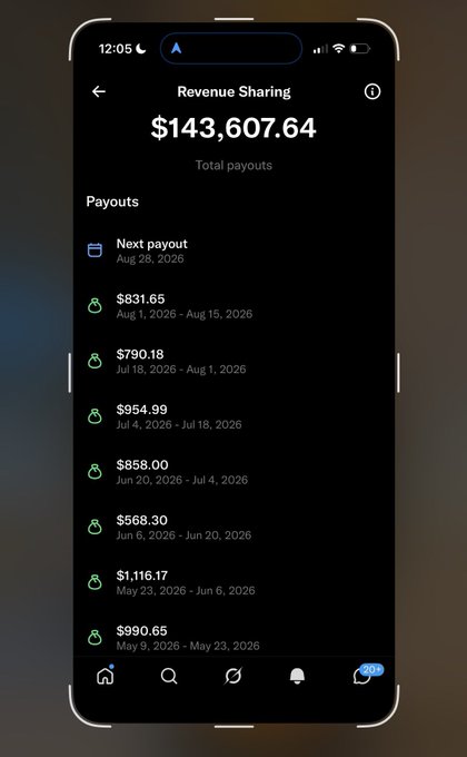 A smartphone displays a "Revenue Sharing" screen showing $143,607.64 in total payouts, with the next payout of $831.65 scheduled for Aug 26, 2026, followed by a list of past biweekly payouts ranging from $568.30 to $1,116.17. The image relates to the post by showcasing the poster's X (formerly Twitter) creator revenue earnings, supporting the "Let's get rich together, CT bros" message about the platform's monetization potential.