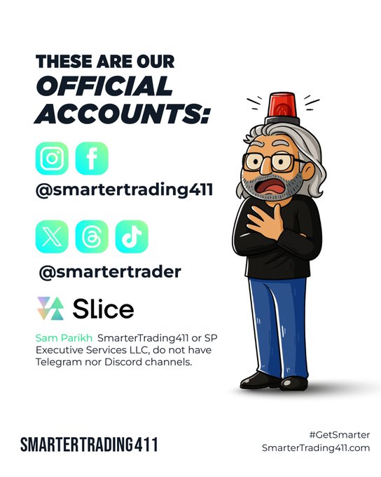 A promotional graphic from SmarterTrading411 displays the text "THESE ARE OUR OFFICIAL ACCOUNTS:" alongside cartoon mascot Sam Parikh wearing a fez, listing verified handles @smartertrading411 for Instagram and Facebook, @smartertrader for X, Threads, and TikTok, plus the "Slice" app, with a note that Sam Parikh, SmarterTrading411, and SP Executive Services LLC have no Telegram or Discord channels. The image reinforces the post's warning by providing viewers with the legitimate channels to follow, helping them avoid impersonator accounts.
