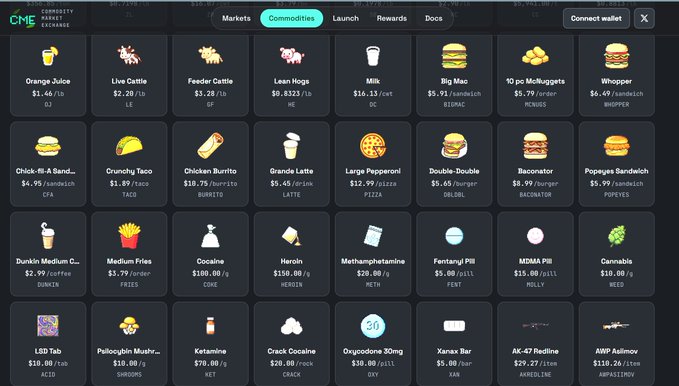 The image displays the "Commodities Exchange Market" (CME) platform interface, showcasing a grid of tradeable real-world commodities including food items like Orange Juice ($1.46/LB), Live Cattle ($2.20/LB), Big Mac ($5.91/sandwich), and Whopper ($4.49/sandwich), alongside drug commodities like Cocaine ($100.00/g), Heroin ($150.00/g), and Fentanyl ($5.00/pill). The platform presents itself as a unique token launchpad where everyday goods and illicit substances are tokenized for trading, matching the author's claim of CME being a "genuinely novel platform" in the crypto launchpad space.