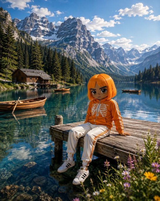 An anime-style illustration of a character with orange hair wearing a skeleton-patterned orange hoodie, sitting on a wooden dock by a turquoise alpine lake with snow-capped mountains and a wooden cabin in the background.
