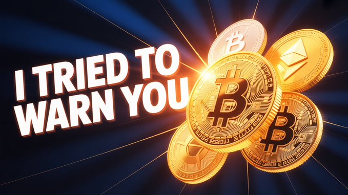 The image displays multiple gold cryptocurrency coins, prominently featuring the Bitcoin "₿" symbol, alongside the Ethereum logo, set against a dark background with dramatic light rays. Bold red text reads "I TRIED TO WARN YOU," which complements the post's warning about Bitcoin's potential to "crush the dollar" and highlights three cryptocurrencies that could significantly reward investors.