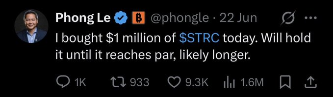 A tweet from Phong Le (@phongle) dated June 22 reads: "I bought $1 million of $STRC today. Will hold it until it reaches par, likely longer," showing 9.3K likes and 1.6M views. The post highlights this $1M STRC purchase as evidence that raises questions about how any STRC buybacks could be funded without diluting common shareholders or selling BTC.