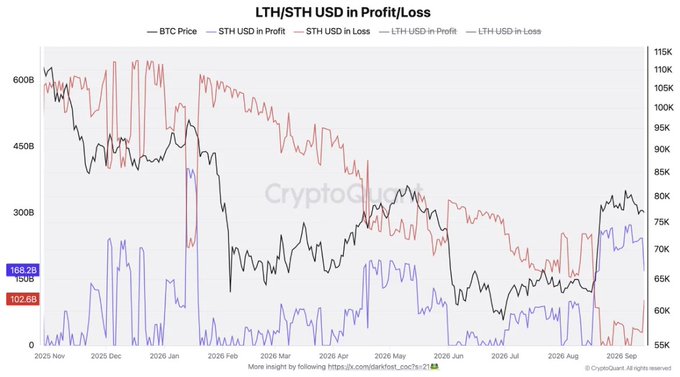 The chart displays Bitcoin's price alongside Short-Term Holder (STH) and Long-Term Holder (LTH) USD in Profit/Loss, with BTC Price shown in black, STH USD in Profit in red (102.6B), STH USD in Loss in blue (168.2B), and corresponding LTH lines, illustrating that STH profits stabilizing above losses historically signals the end of bear markets as short-term holders transition into long-term holders.