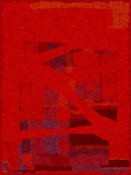 An abstract red and orange painting with geometric shapes and layered textures creating a complex, fragmented composition.