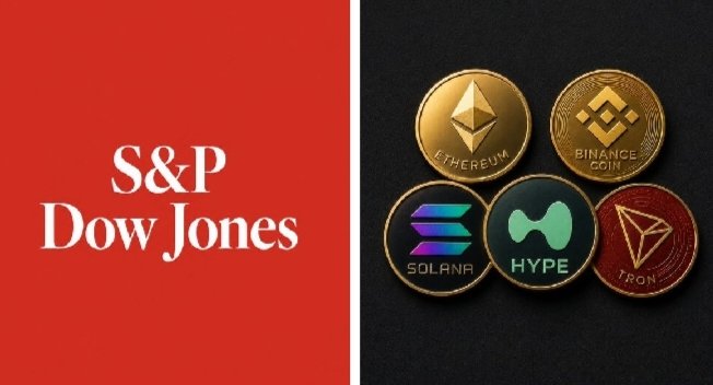 The image shows the S&P Dow Jones logo on a red background alongside a graphic of five cryptocurrency coins representing Ethereum ($ETH), Binance Coin ($BNB), Solana ($SOL), HYPE, and Tron ($TRX), visually illustrating the post's announcement about S&P Dow Jones launching a new crypto index that expands institutional exposure to digital assets beyond Bitcoin.