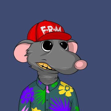 Digital illustration of a gray cartoon mouse character wearing a red cap with 'FROM' written on it and a colorful floral Hawaiian shirt.