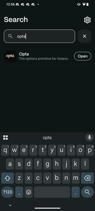 A mobile phone screenshot shows a search screen with 'opta' typed into the search bar, displaying an app result for 'Opta' described as 'The options primitive for Solana' with an 'Open' button.