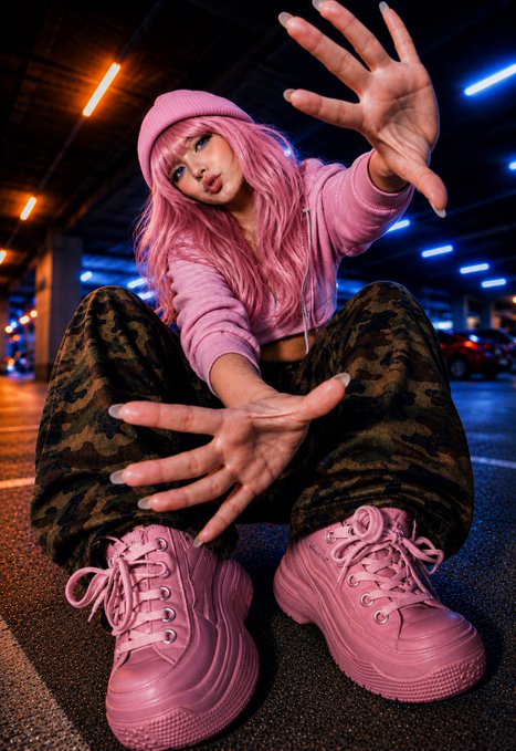 A young woman with vibrant pink hair, wearing a pink beanie, cropped hoodie, and chunky pink platform sneakers, crouches on a dimly lit parking garage floor with her hands dramatically extended toward the camera, embodying the bold, confident energy of a "gm" affirmation post where she's visually "claiming" the day.