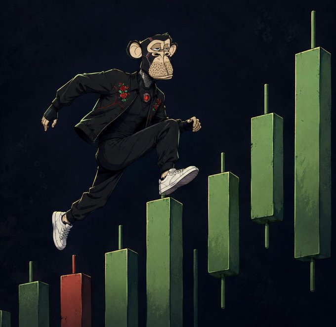 An illustration of an anthropomorphic monkey in a dark embroidered jacket stepping across green candlestick bars on a dark background.