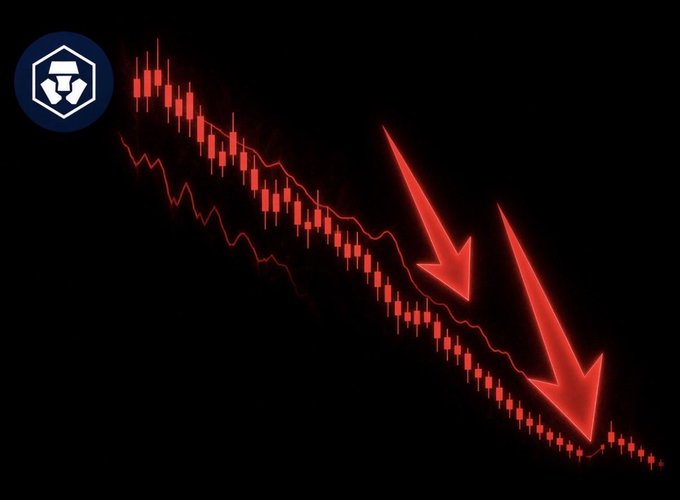 A red candlestick chart displays a steep, sustained downtrend in $CRO's price, visually reinforcing the dramatic 88% loss from its 2025 peak of $0.3875 that turned a $10,000 investment into just $1,190. Two glowing red arrows point sharply downward across the declining chart, emphasizing the magnitude of the crash.