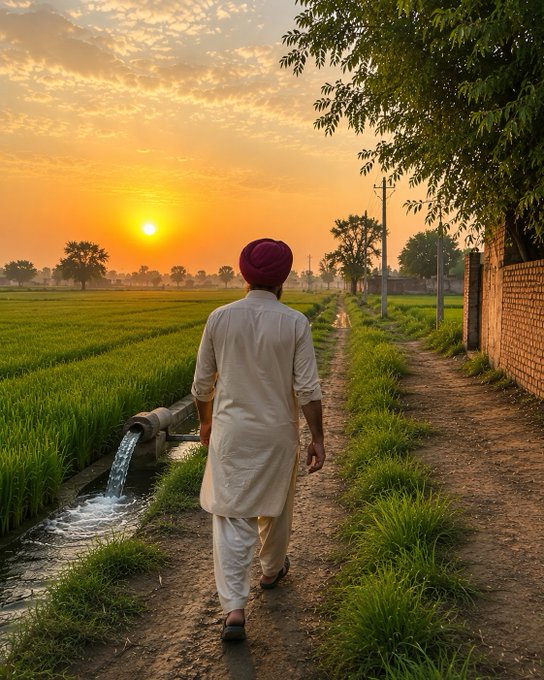 A man wearing a red turban and white traditional clothing walks along a dirt path beside an irrigation canal at sunset, with green rice fields stretching out to the horizon.