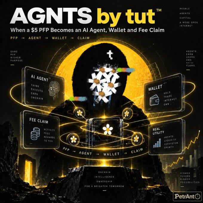 A promotional graphic for 'AGNTS by tut' featuring the tagline 'When a $5 PFP Becomes an AI Agent, Wallet and Fee Claim,' highlighting the transformation flow: PFP → AGENT → WALLET → CLAIM.