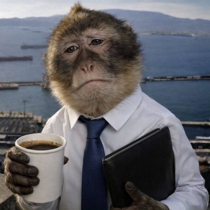 A monkey dressed in a white shirt and blue tie, holding a coffee cup and a black folder with a harbor view in the background.