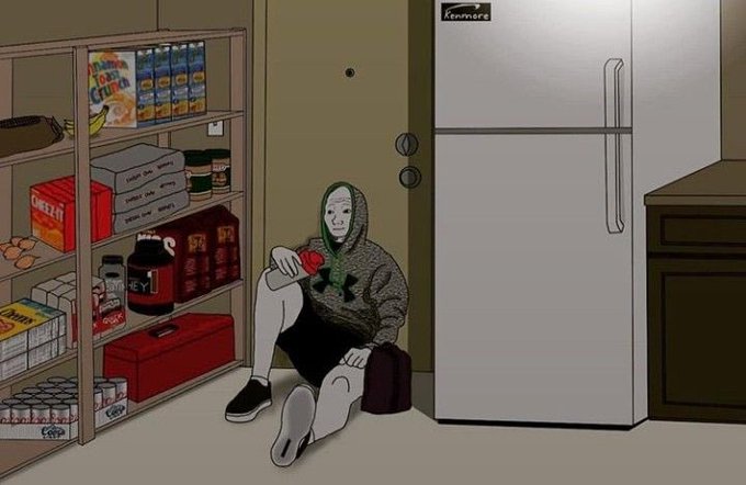 Wojak meme character sitting on the floor next to a refrigerator, holding an apple in a pantry setting.