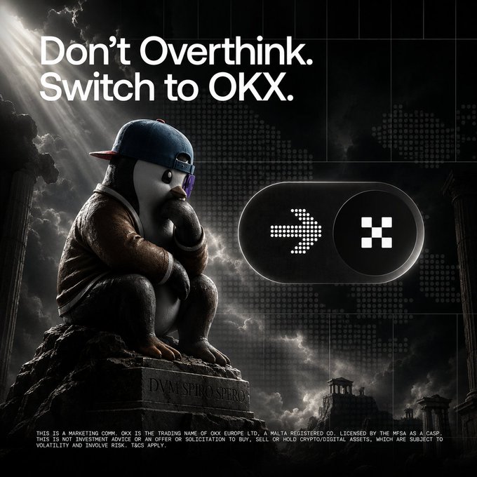 An OKX cryptocurrency exchange advertisement featuring a thinking monkey in a cap and sunglasses sitting on a pedestal, with the tagline 'Don't Overthink. Switch to OKX.'