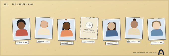 An illustrated 'Chapter Wall' shows avatars pinned to a board with location tags like Lagos-NG, London-UK, Nairobi-KE, Manila-PH, Sao Paulo-BR, and Seoul-KR, plus a 'YOUR PHOTO' placeholder.