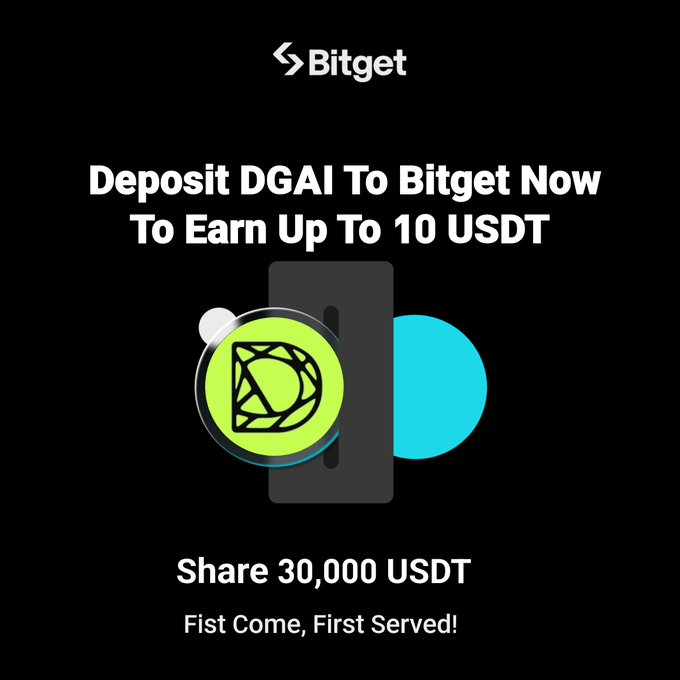 Bitget promotional banner announcing the pre-deposit of $DGAI (DGrid AI), offering up to 10 USDT per user from a shared 30,000 USDT reward pool on a first-come, first-served basis. The post directs users to deposit $DGAI via Bitget's official website to receive the airdrop and earn USDT rewards, aligning with the image's "Deposit DGAI To Bitget Now To Earn Up To 10 USDT" call-to-action.