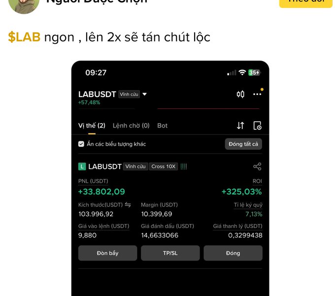 The image shows a phone screen displaying a trading app with various stock information. The app's status bar indicates that the position has been up more than 33k USDT, but there are still some stocks left to be closed. The text on the screen reads "Lab long is now up more than 33k UST. This guy still hasn't closed the position." It seems like a trading app where users can buy and sell shares of companies listed in the stock market.