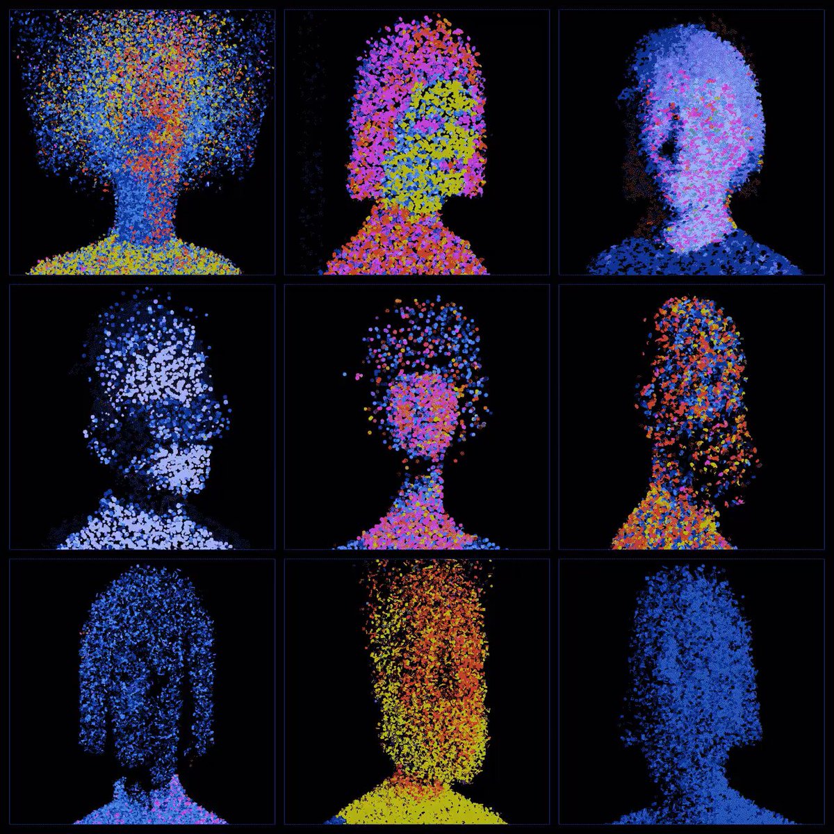 The image features a grid of nine square images, each depicting a person's face with their head split into two halves. These faces are made up of small circles or dots that create an abstract representation of a human head. The colors used for these faces vary, adding visual interest and complexity to the overall composition. The post "GM unknown identities in the void @cemhah" suggests that there might be some sort of mystery or enigma surrounding the images, as they are referred to as "unknown identities".