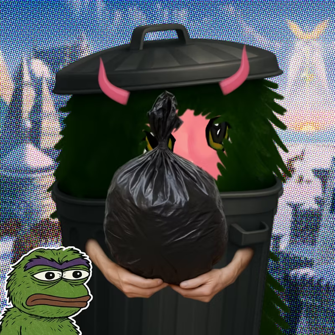 A surreal meme image showing a trash can monster with pink horns, furry green interior, and human hands holding a black trash bag, with a Pepe the Frog sticker in the bottom left corner.
