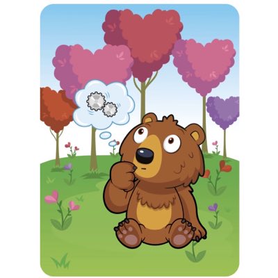 A cartoon brown bear sits in a field of heart-shaped trees and flowers, deep in thought with a thought bubble showing fluffy clouds, fitting the "say hi" theme of greeting the VeeFriends community.