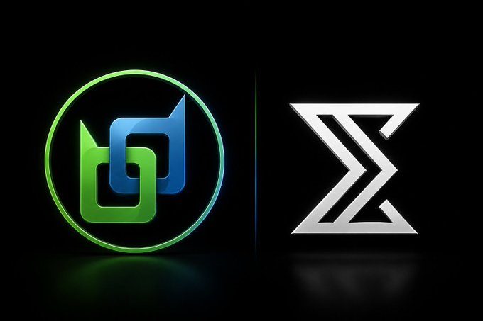 Two logos are displayed on a black background: a green and blue circular linked-chains emblem on the left and a silver geometric X-shaped logo on the right.
