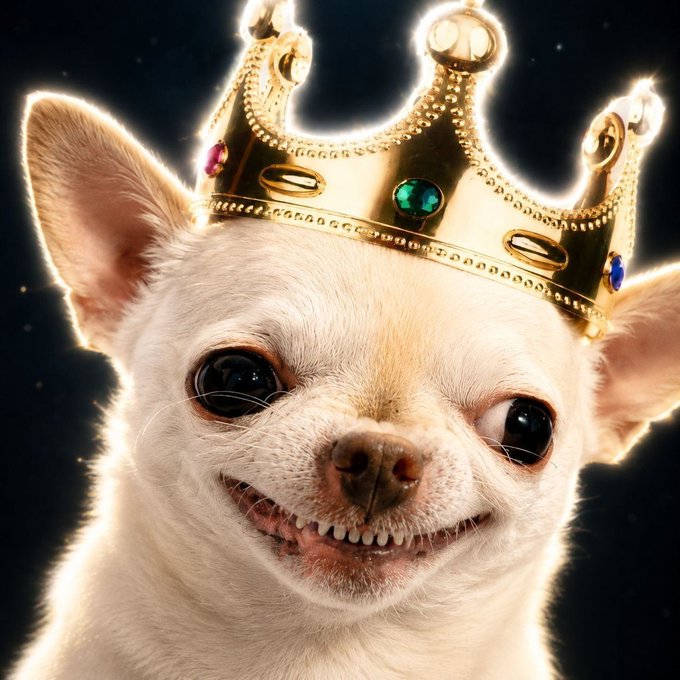 Close-up image of a smiling white Chihuahua dog wearing an ornate golden crown with colored gemstones against a dark, cosmic background.