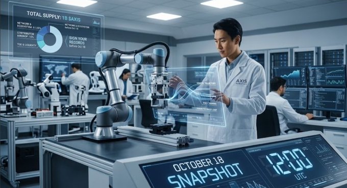 A futuristic illustration of an 'OCTOBER 18 SNAPSHOT' featuring a robotic arm in a lab setting, a scientist in a white coat working with holographic displays showing 'TOTAL SUPPLY: 1B $AXIS' and an 'AXIS' branded monitor.