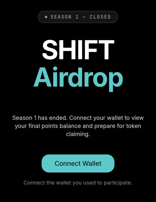 A SHIFT Airdrop checker interface shows "SEASON 1 — CLOSED" with instructions to connect a wallet to view final points balance and prepare for token claiming, featuring a "Connect Wallet" button that links to the app.shiftrwa.xyz/airdrop page mentioned in the post.
