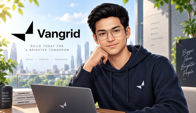 An illustrated young man with glasses and a hoodie sits at a laptop displaying the 'Vangrid' logo, with text reading 'BUILD TODAY FOR A BRIGHTER TOMORROW', 'IDEAS | PEOPLE | PROGRESS', 'CREATE', 'SOLVE', 'BUILD', 'TOGETHER', and 'GOOD IDEAS BETTER PEOPLE' visible in the office setting.