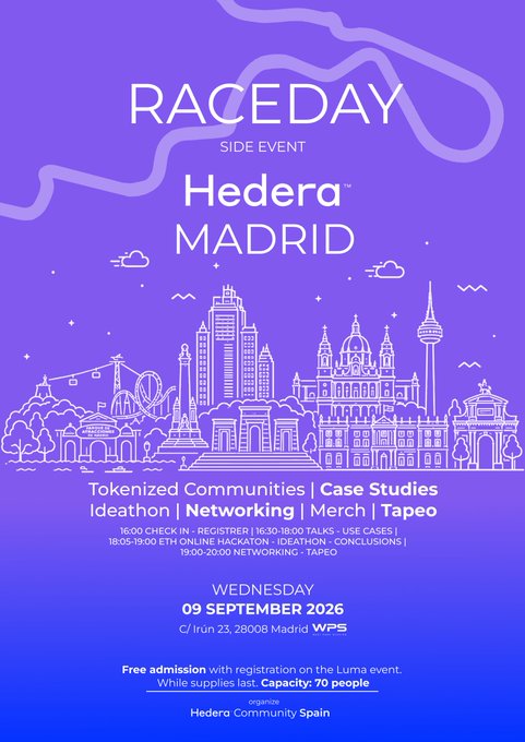 A purple event poster announces 'RACEDAY SIDE EVENT Hedera MADRID' scheduled for Wednesday, 09 September 2026, organized by Hedera Community Spain.