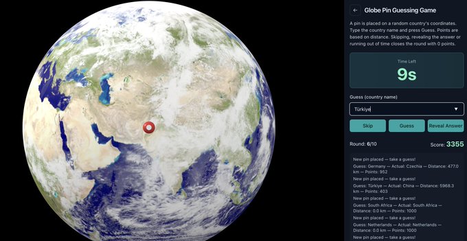 The image shows the "Globe Pin Guessing Game" in progress, with a pin placed on a location in Asia (likely Turkey or the Middle East region), a 9-second countdown timer, the user currently guessing "Türkiye," and stats showing Round 6/10 with a score of 3355. This relates to the accompanying post about an upcoming tournament on Globe Pin being organized on the Base platform, showcasing the game where players guess countries based on randomly placed pins to earn points.