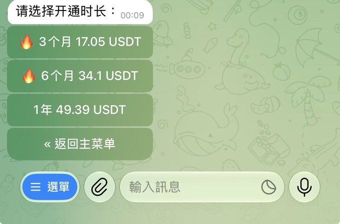 A green-themed subscription menu in Chinese displays pricing options: 3 months for 17.05 USDT, 6 months for 34.1 USDT, and 1 year for 49.39 USDT, with a text input field at the bottom.