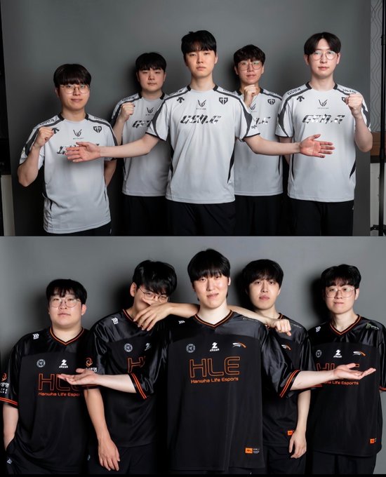 Two group photos of an esports team posing in their white and black jerseys labeled 'G.S.G.C' and 'HLE Hanwha Life Esports'.