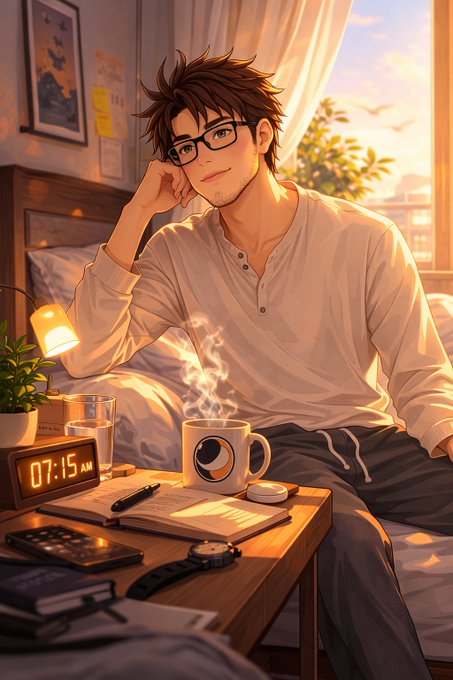 Anime-style illustration of a young man with glasses sitting on a bed in a cozy bedroom, smiling while holding a steaming coffee mug, with a digital clock reading '07:15 AM' and a notebook on the bedside table.